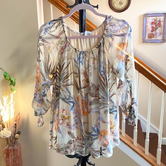 Tempo Paris Floral Italian Silk Blouse Sheer Overlay Boat Neck 3/4 Sleeve Size M - Picture 1 of 13